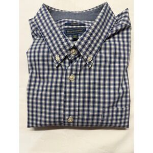 Mason James Mens XXL Blue White Plaid Stretch Button Down Shirt Long Sleeve